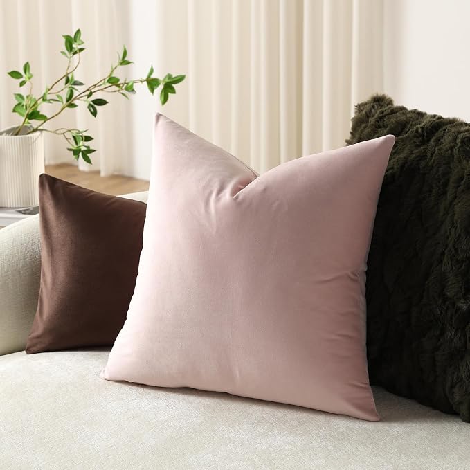 Throw Pillow Covers 18x18 Light Pink: Pack of 2 Cozy Soft Velvet Square Modern Luxury Decorative Throw Pillow Cases for Sofa Couch Living Room Bed Home Decor