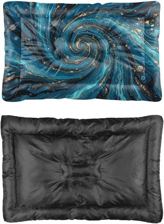 Blue Gold Fluid Swirl Marble Art Small Pet Bed Crate Mat Large Crate Pad Beds for Medium Dogs Washable Non-Slip Bed for Dog Washable Dog Pet Mat Beds Medium Indoor Outdoor 24X18 Inch