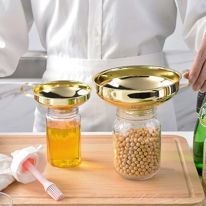 Kitchen Funnel Set, 3 Pieces Gold Stainless Steel Funnel Set Narrow Valve Rod Kitchen Oil Liquid Transferring for Canning Kitchen Tools Kitchen Gadgets Accessories