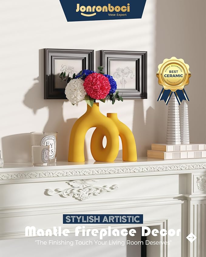 Hug Donut Decorative Vase Set - Yellow Vase, Modern Nordic Boho Style Vases Home Decor, Matte Ceramic Decorations for Living Room Shelf, Bookshelf Mantle Entryway Table or Console Décor (Yellow)