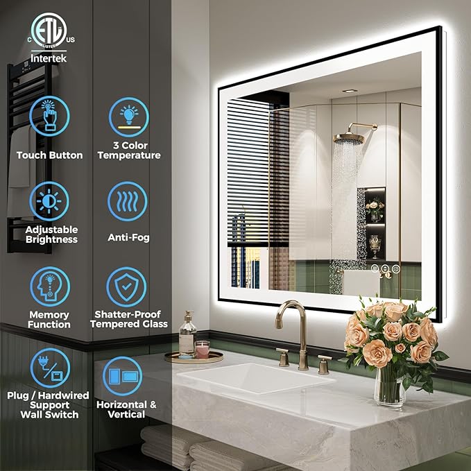 28x36 Inch LED Bathroom Mirror with Lights (Front Lit and Backlit) Black Framed Lighted Vanity Mirror for Bathroom Wall Dimmable Anti-Fog Memory Tempered Glass Horizontal/Vertical