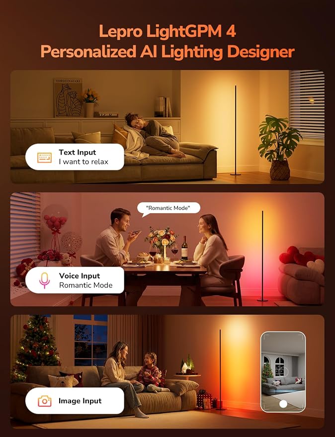 Lepro OE1 AI Corner Floor Lamp, Smart RGBICW LED Corner Lamp with Music Sync, Alexa Enabled, Personalized AI Lighting Designer, Modern Standing Lamp for Living Room/Bedroom,1000LM,2.4G WiFi, No Remote