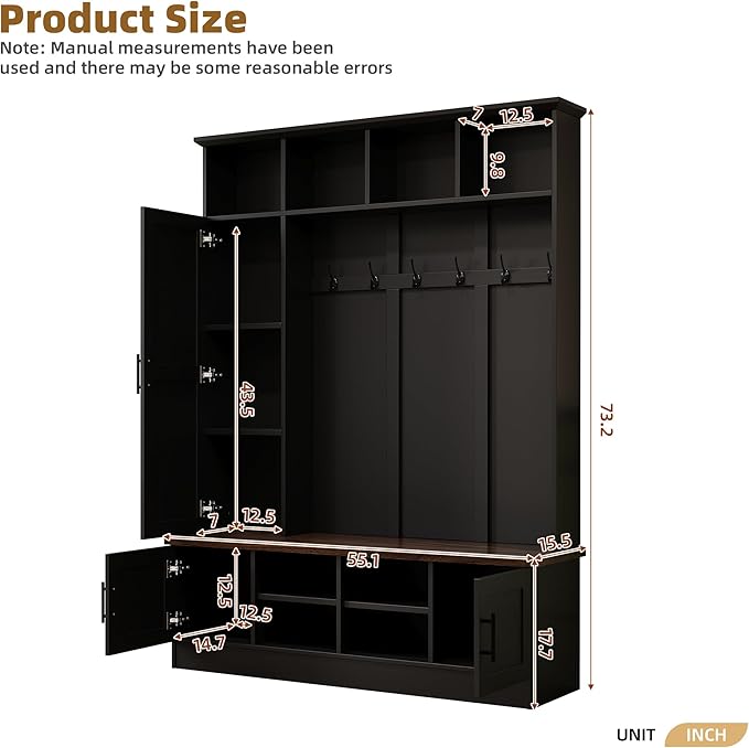 Versatile 3-in-1 Hall Tree with 6 Hooks, Farmhouse Walnut Storage Bench with Adjustable Shelves, 55" W Entryway Coat Rack with Multiple Storage Space for Mudroom, Living Room (Black-7)