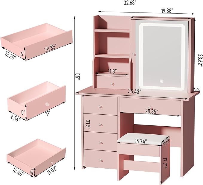 DYHOME Makeup Vanity Desk with LED Lights Mirror 3 Adjustable Modes and Power Outlets, Vanity Table with 6 Drawers Dresser and Bench, Makeup Desk for Bedroom Dressing Room, Pink