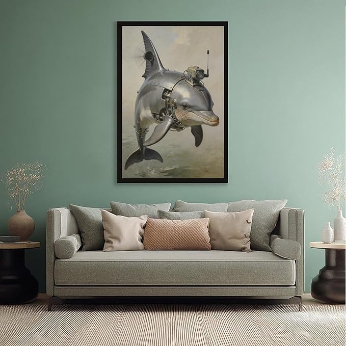 Framed Steampunk Mechanical Dolphin Wall Art - Marine Retro-Futuristic Poster for Beach House Living Room Decor 08x12in