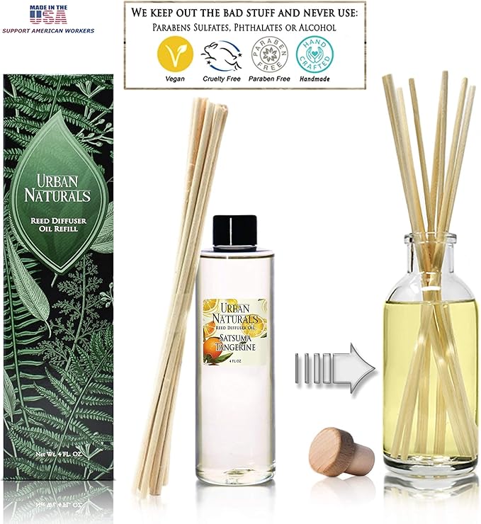 Urban Naturals Satsuma Tangerine Reed Diffuser Refill Set | Includes a Free Set of Reed Sticks! 4 oz | Long Lasting Room Scent | Great Home Gift Idea