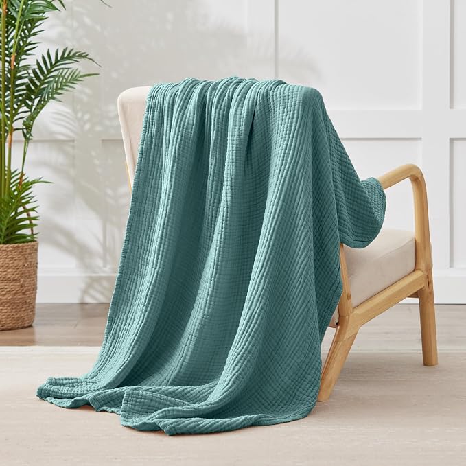 100% Cotton Muslin Blanket Twin XL 66" x 90", Breathable and Cooling Bed Blankets, Soft Boho Bedspread, Gauze Bedding for Adults All Season, Turquoise, Teal