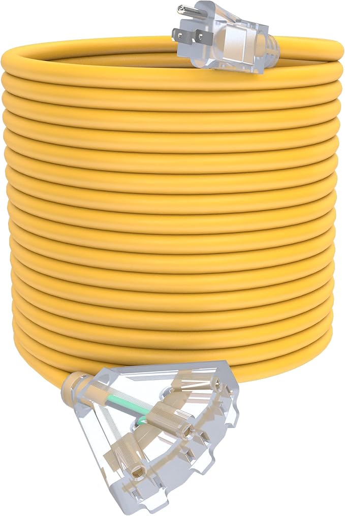 100Ft 12/3 Outdoor Extension Cord with 3-Outlets, Heavy Duty 12 Gauge 3 Prong Extension Cord Waterproof with Lighted end, 15A 12AWG 1875W SJTW, ETL Listed - Great for Garage, Garden and Home, Yellow