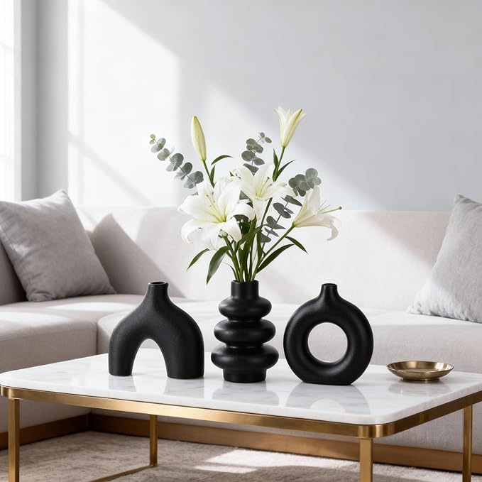 Ceramic 3 Pcs Vase Set,Modern Home Decor Table Centerpiece,Minimalist Nordic Vases, Wedding, Living Room, Bookshelf, Office, Modern Home, Entryway Boho Decor (Black)
