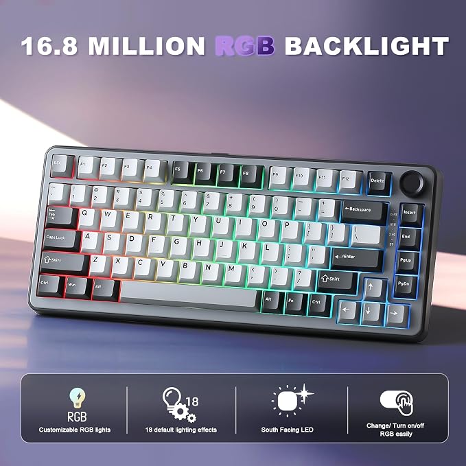 YUNZII B75 PRO 75% Wireless Mechanical Keyboard (Dark Grey,Milk Switch) | Hot Swap Keyboard with Knob, Gasket Mount, Creamy Pre-lubed Switch for Smooth Typing, BT/USB-C/2.4G, for Gaming
