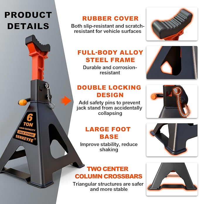 6 Ton (13,200 LBs) Jack Stands with Crossbars,Double Pin Locking,Rubber Cover,Large Foot Base,15"-22" Adjustable Height,Heavy Duty Car Jack Stands,Lifting Bus,RV,SUV,MPV,Pickup Truck,2 Pack