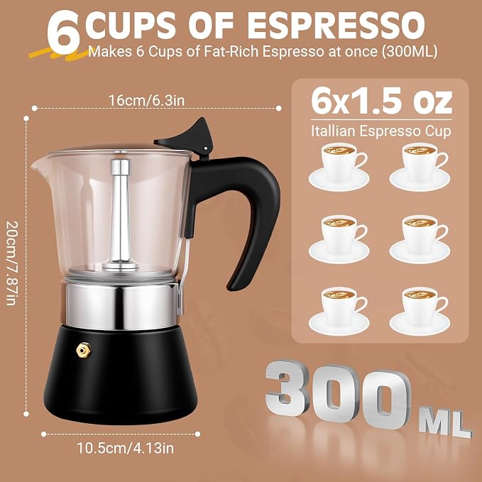 6 Cup 300ml Glass Moka Pot, Stovetop Espresso Maker, Black | Crystal Glass-top & Stainless Steel Coffee Maker, Induction Compatible, for Greca de Cafe, Cuban and Italian Coffee Brewing