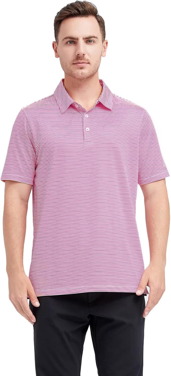 Mens Golf Shirt Moisture Wicking Dry Fit Performance Sport Short Sleeve Striped Golf Polo Shirts for Men