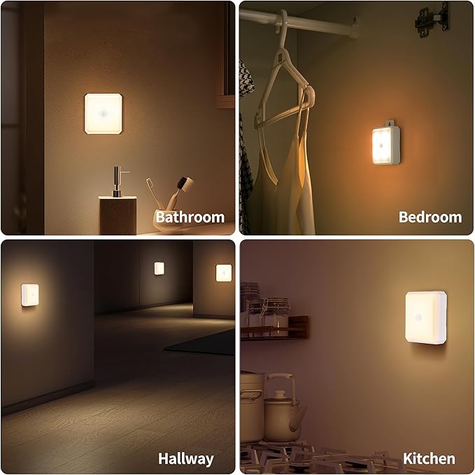 Motion Sensor Night Light Indoor - Cordless Battery Powered Under Cabinet Lighting, Stick-on Magnet LED Closet Lights, Safe Light for Stairs, 4000K Nightlight 3-Pack (Yellow)