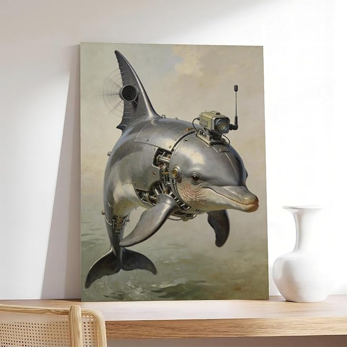 Framed Steampunk Mechanical Dolphin Wall Art - Marine Retro-Futuristic Poster for Beach House Living Room Decor 12x18inch(30x45cm)
