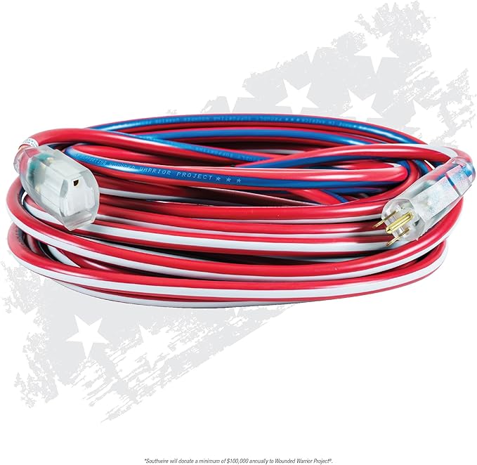 Southwire Heavy Duty Extension Cord, 50Ft, 12 Gauge, 3 Conductor, Outdoor Cord, Lighted End, SJTW, Red/White/Blue, 2548SWUSA1