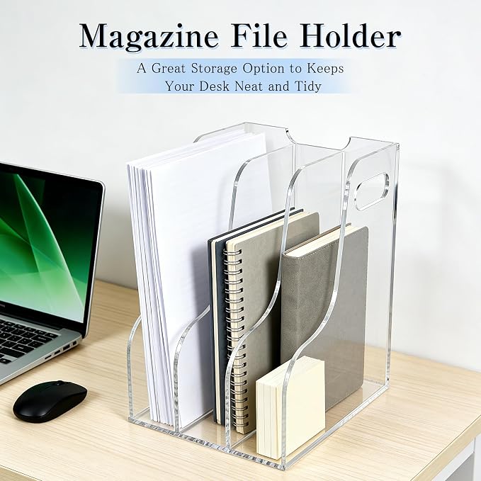 3-Tier Clear Acrylic File Holder, Vertical Document Organizer for Magazines, Binders, Notebooks & Envelopes - Multi-Purpose Desk Storage for Home Office（A4,3 Sections）