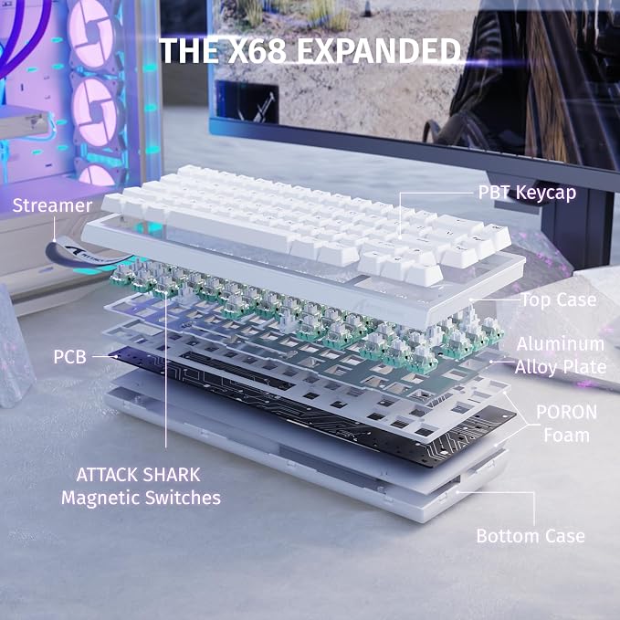 ATTACK SHARK X68 HE RT Mechanical Gaming Keyboard 60% Wired TKL-White | Adjustable Actuation,Hall Effect Magnetic Switch,8KHz Polling Rate,RGB Backlit,Top Mount, Web Driver for PC Mac Esport Gamer