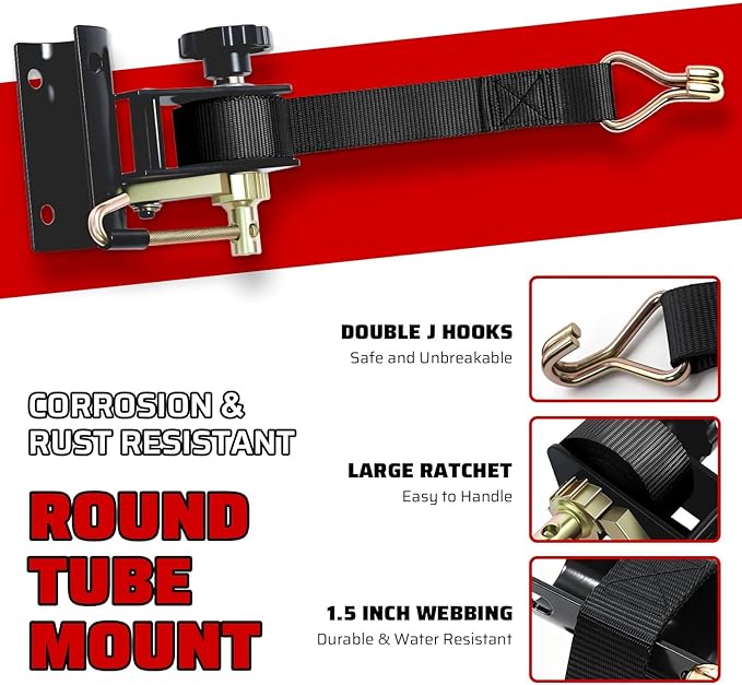 Black Rack Straps with J-Hook (2PK),1.5" x7.5' Ladder Rack Ratchet Straps, 2" Round Tube Mount, Perfect Ladder Rack Tie-Downs for Trailer Cargo Control