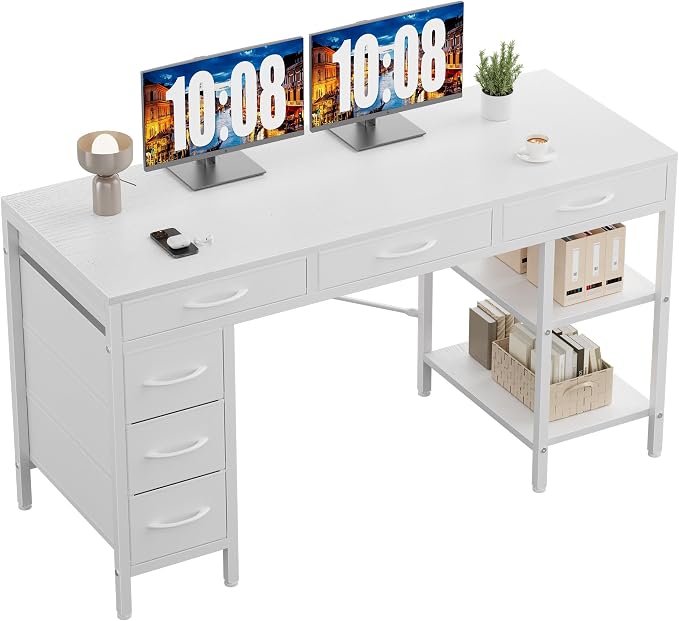 Sweetcrispy 55" Computer Desk with 6 Fabric Drawers & Storage Shelves | Reversible Gaming Desk, Office Desk, Computer Workstation, Corner Desk with Storag, Home Office, Living Room, White