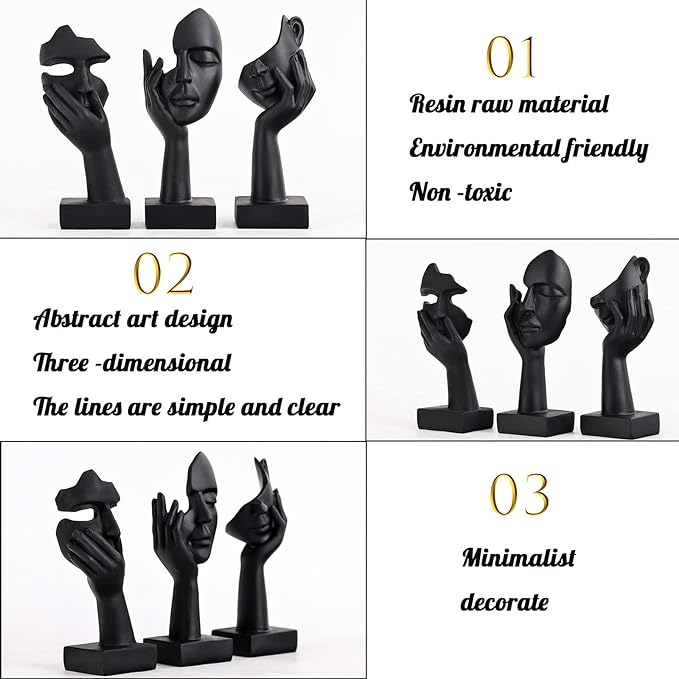 3 Pcs Thinker Small Statue Set - Black Art Abstract Home Accent Figurines for Decor Bedroom, Shelves, Living Room Coffee Table, Office Desktop (3 Pcs Black, 6")