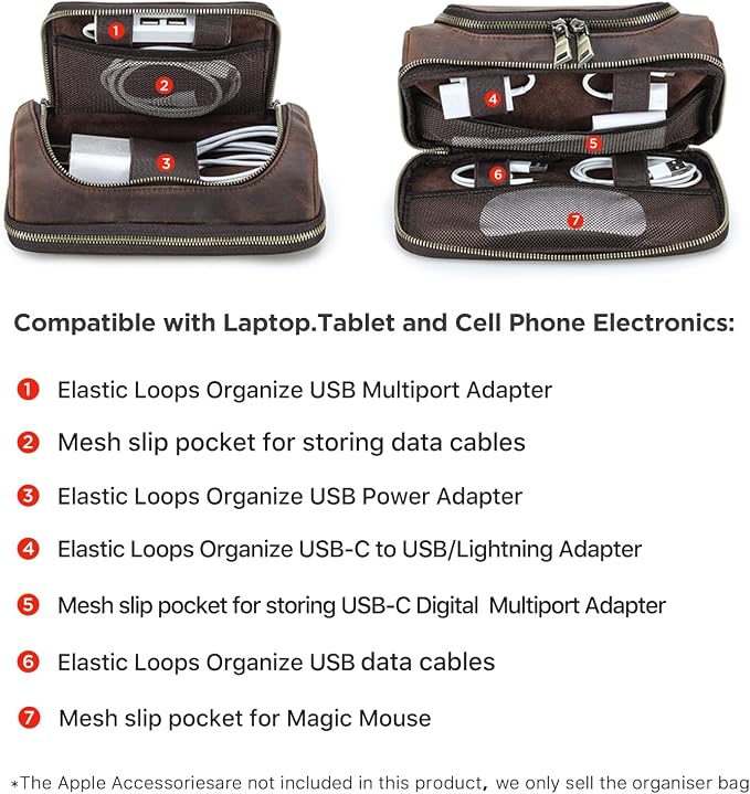 Hiram Handmade Crazy Horse Leather Electronic Organizer Travel Case Charger Organizer Travel Case Coffee