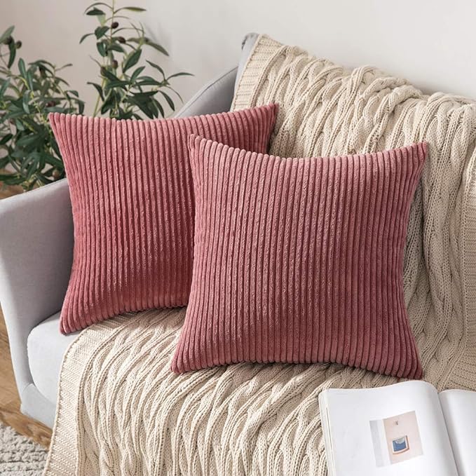MIULEE Soft Corduroy Throw Pillow Covers Set of 2 18x18 Cranberry Red | Decorative Striped Textured Cushion Cases, Boho Energetic Vibe Pillowcases, Home Decor for Couch Chair Sofa Bed Living Room