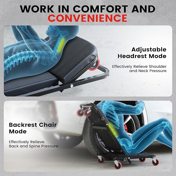 KROAK Creeper, 40 Inches 4 in 1 Z Creeper Seat 2025 Upgraded 450 lbs Capacity Garage Chair Adjustable Rolling Folding Car Creeper with 6 pcs 3" Wheels,Lay Down or Sit for Garage, Shop, Auto Repair