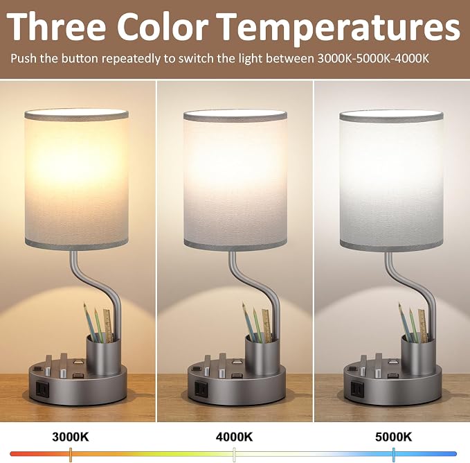 Fenmzee Bedside Lamps for Bedroom Set of 2 - Table Desk Lamp for Nightstand | 15" Table Lamp for Living Room with Pen Holder & Phone Stand, USB A+C Port, AC Outlet, 3 Color Temperature, LED Bulb Included