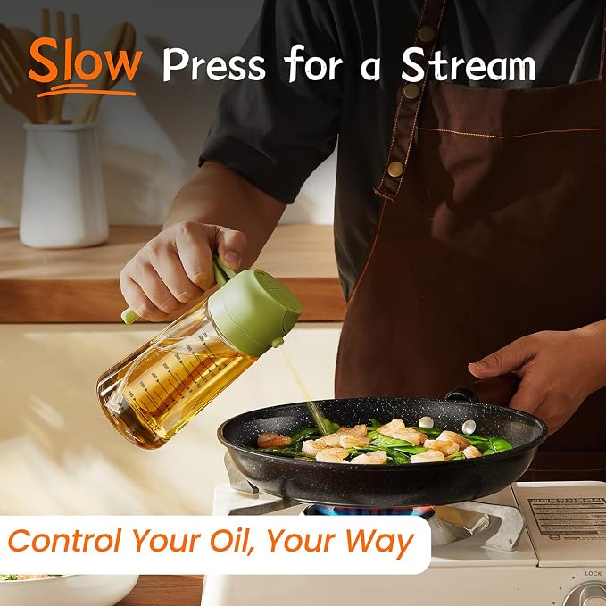 TrendPlain 16oz/470ml Glass Olive Oil Sprayer for Cooking – 2 in 1 Olive Oil Dispenser Bottle for Kitchen Gadgets and Air Fryer Accessories, Salad, BBQ - Green