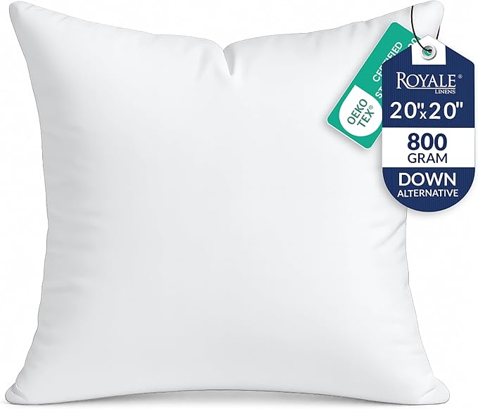 ROYALE LINENS 20 x 20 Pillow Insert - Down Alternative Throw Pillows Insert - Square Pillow Pack of 1 White - Bed & Couch Pillows - Inner Cushion for Bed, Cushion for Living Room - Shams Stuffer