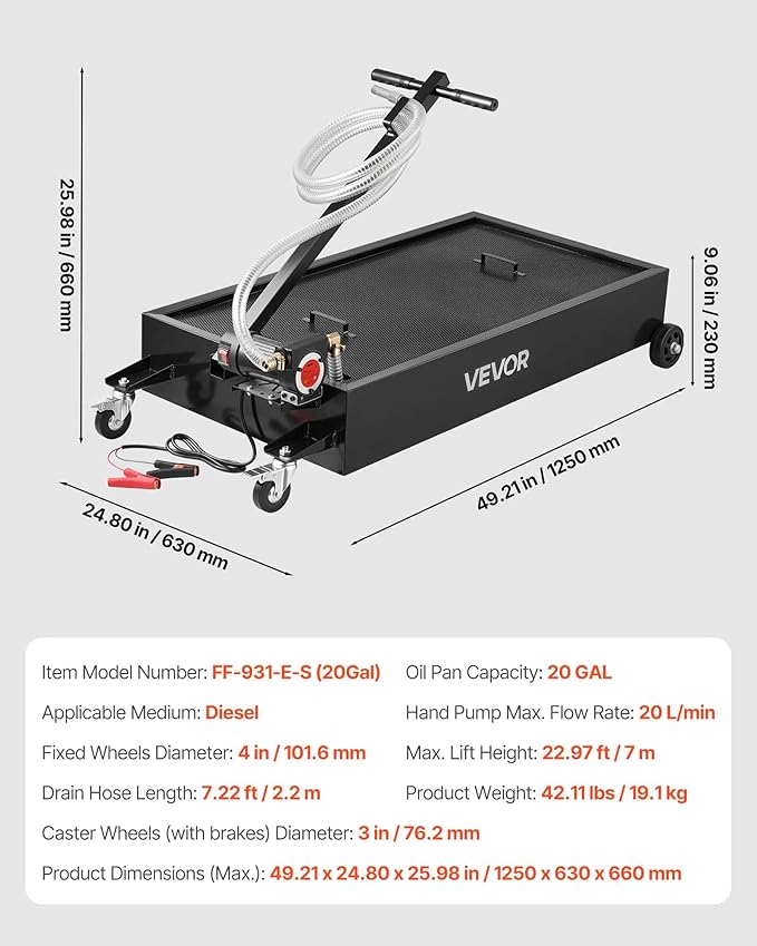VEVOR Low Profile Oil Drain Pan, 20-Gallon Metal Oil Change Pan, Effective Oil Drain Cart with 180W Electric Pump, Wheels & Folding Handle, Oil Drain Tank for Cars, SUVs, Trucks, Buses, RVs