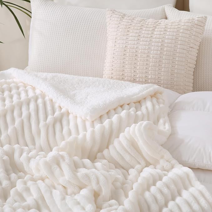 Cream White Sherpa Fleece Throw Blanket 90”×90”for Couch Sofa Bed | Double Side Soft Fuzzy Cozy Plush Thick Flannel Blanket with Striped Design Gift for Adults,Woman