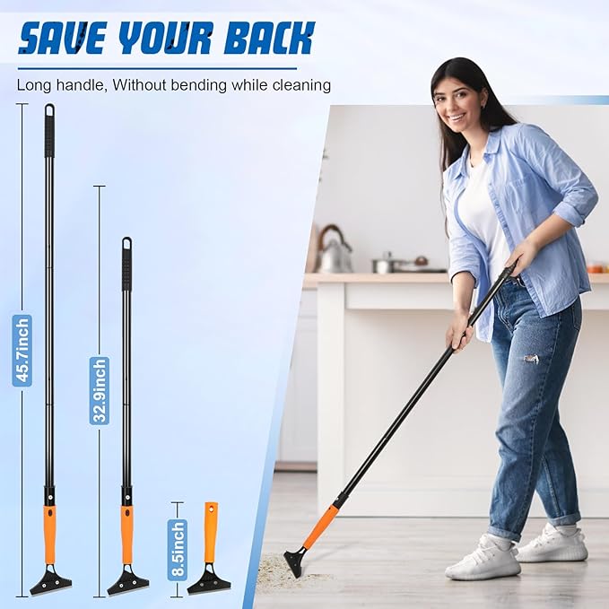 Razor Blade Floor Scraper with Long Handle, 4 Inch Floor Scraper Tools Heavy Duty with 10PCS Extra Metal Blades,Paint Scrapers for Cleaning Wall Glass Floor Paint Gum Stains Stickers Linoleum