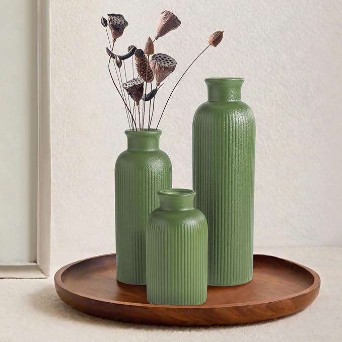 Small Sage Green Ceramic Vase Set of 3, Boho Modern Flower Vase Room Decor, Farmhouse Decor, Vases for Your Kitchen, Bathroom, Bedroom, Living Room, Office&Shelf Centerpiece Table Decorations