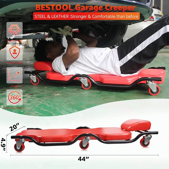 BESTOOL 44Inches Mechanic Creeper- Automotive Garage Creeper with 6 Sturdy Casters, Metal Frame Mechanic Creeper, Low Profile Design with Headrest, Red