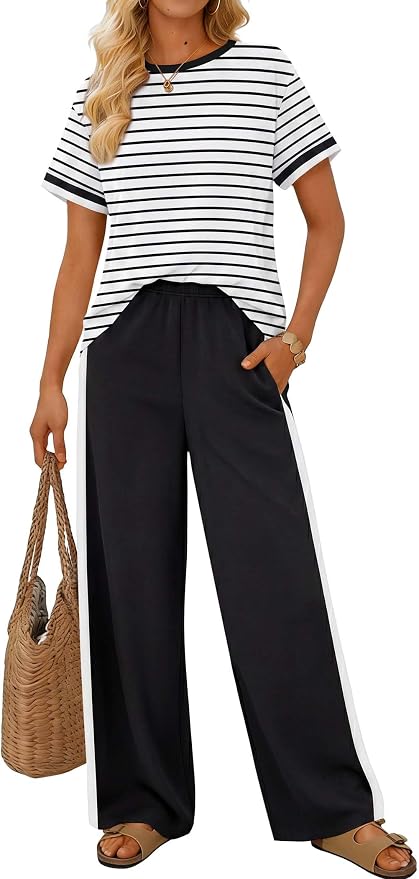 Sampeel 2 Piece Sets for Women Matching Sets Summer Outfits Resort Wear Short Sleeve Lounge Set Wide Leg Pants with Pockets