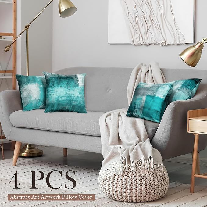 Teal Abstract Throw Pillow Covers 20x20 Set of 4 | Turquoise & Grey Modern‑Art Cushion Covers, aesthetic accent pillowcases for sofa, bedroom & chair.