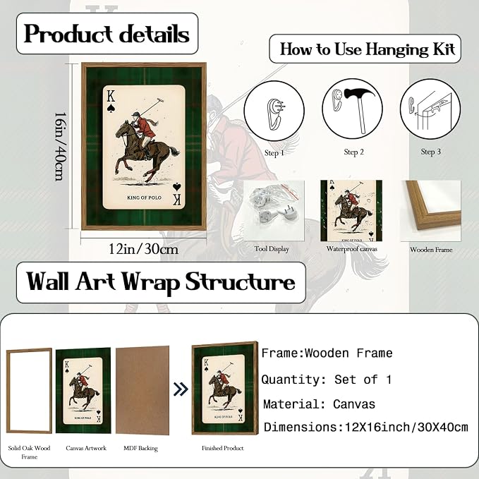 Vintage Equestrian Wall Art, King of Polo Wall Decor Painting Rustic Race Horse Sports Poster Canvas Prints Picture for Game Room Living Room Bedroom 12x16 inch Wood Framed
