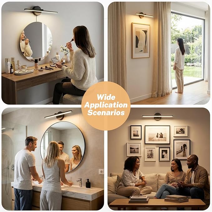 OSYNNIQ Bathroom Vanity Light, Modern Wall Picture Art Lighting Fixture Over Mirror 12W 3000K Warm LED Light Bar 15″ Black Waterproof IP44 Wall Sconce for Makeup Shaving