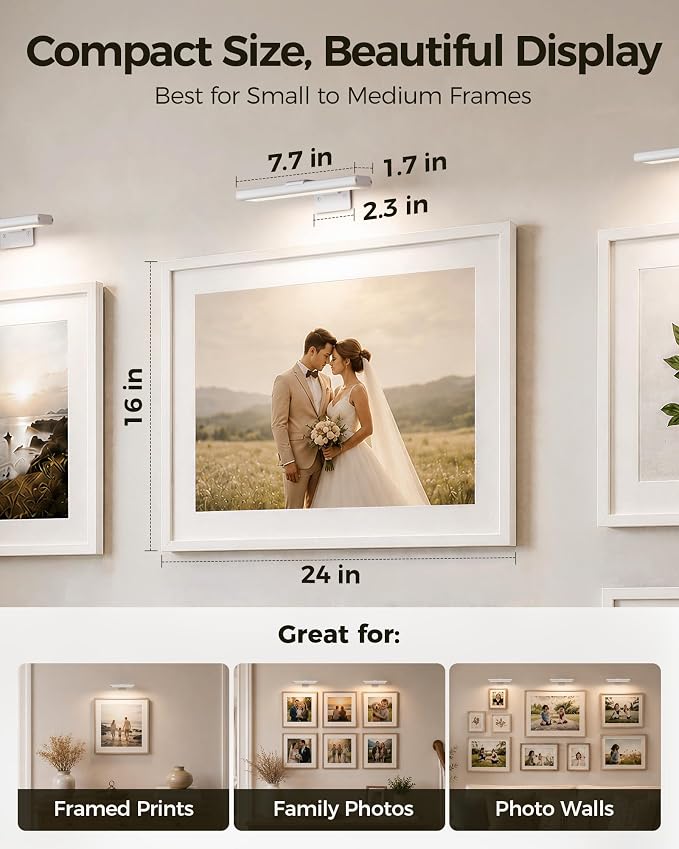 EZVALO Picture Light for Wall, Rechargeable 2400mAh Lights Wireless with IR Remote, 3 Color & Dimmable Magnetic 7.8'' LED Lights Display for Painting, Living Room, Gallery, Bedroom(White-3P)