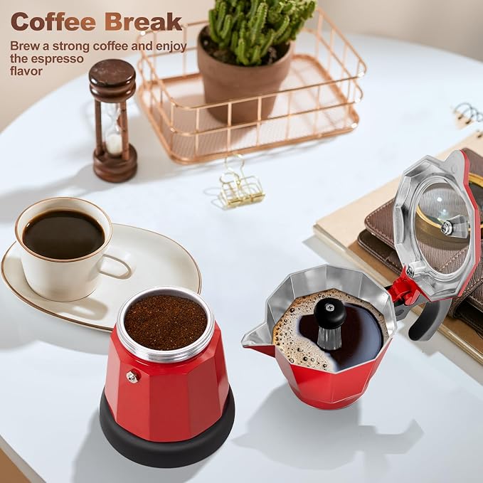 Electric Aluminum Moka Pot 3-6 Cup 150-270ml Espresso Maker | with Detachable Base Ideal Coffee Makers for Home MochaPot Italian and Cuban Café Coffeemaker Espressomaker CoffeePot Red