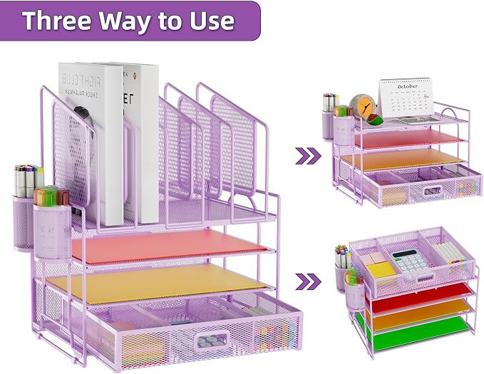 Marbrasse Desk Organizers, 4-Tier Mesh Desk File Organizer with 5 Vertical File Holders and 2 Pen Holders, Multifunction Desktop Organizer,Desk Organizers and Accessories for Home Office (Purple)