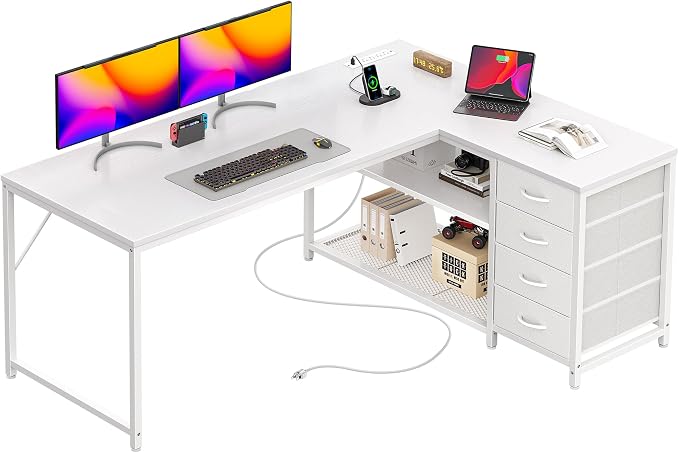 PRAISUN 53" L Shaped Desk with Power Outlets & USB-C Port, Reversible Computer Corner Office Desk with 4 Fabric Drawers and 2 Storage Shelves, Large Desk for Gaming Writing Work Study, White