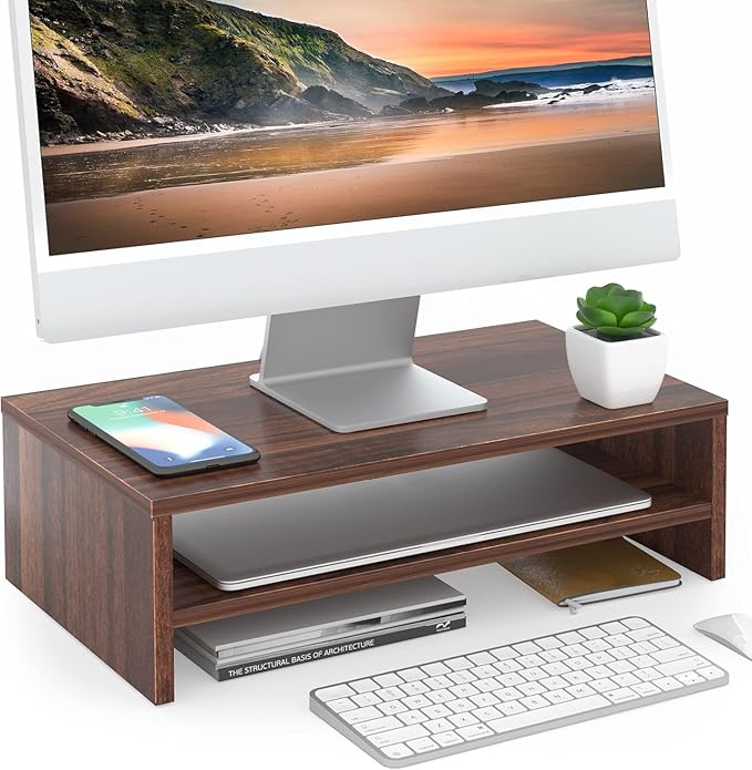 FITUEYES Monitor Stand - 2 Tier Computer Monitor Riser Shelf, Wood Desktop Stand for Laptop Computer Screen, Desk Organization, Office Supplies