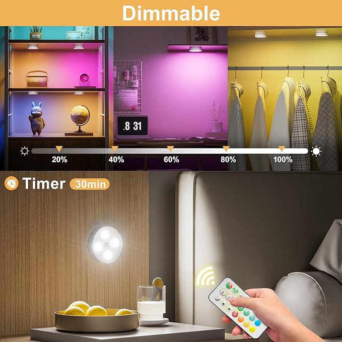 RGB Puck Lights with Remote & Motion Sensor – 1500mAh Rechargeable Under Cabinet Lighting for Kitchen, Closet & Stairs – 13 Colors, Magnetic Stick-On Lights, 4 Pack