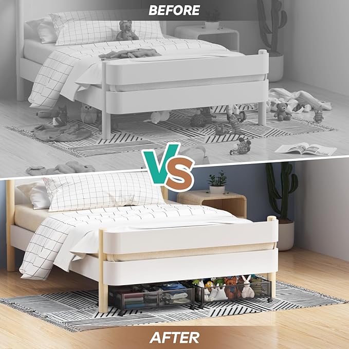 PHINOX Under Bed Storage with wheels, Under the Bed Storage Containers,Upgrade Crossed Iron Wire, Metal Rolling Underbed Storage Containers for Bedroom Clothes Shoes Blankets-2 Pack,Black
