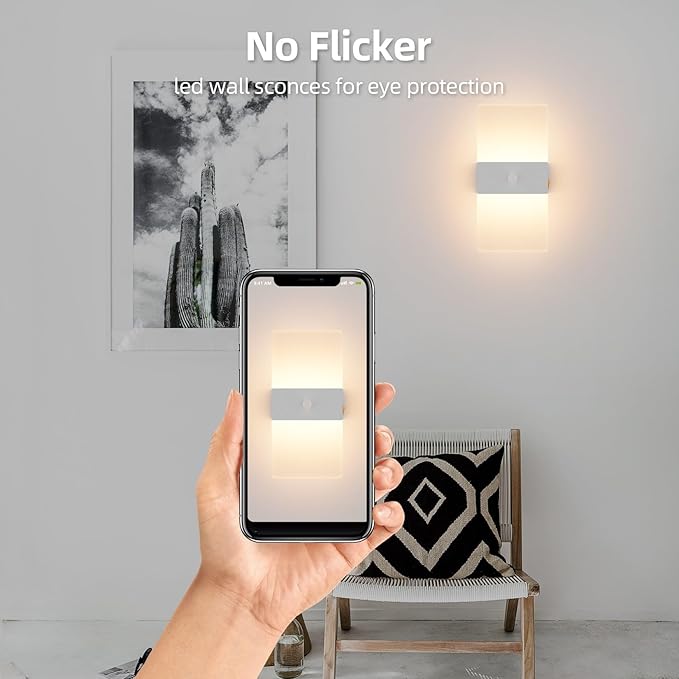 2 Pack Motion Sensor Wall Lights, Morden Silver Decorative LED Indoor Night Light, 3000K Warm Light Battery Operated Wall Sconces for Porch Bedroom Living Room Hallway(Silver)