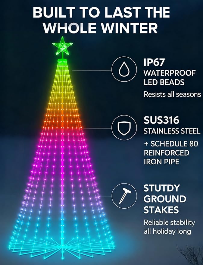 8 FT 340 LED Smart Christmas Trees Clearance Outdoor, Prelit Cone Tree with 16 Million DIY RGB LED Light Show, Lighted Artificial Tree with Remote APP Control Music Sync for Xmas Outdoor Decorations