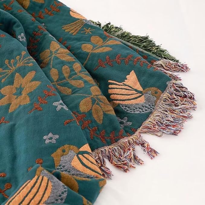 Boho Throw Blanket for Bed 100% Cotton Bohemian Blankets Ultra Soft Woven Muslin Decorative Blankets All Seasons Vintage Quilt Knitted Blanket for Sofa Chair(Blue, 60"x80")